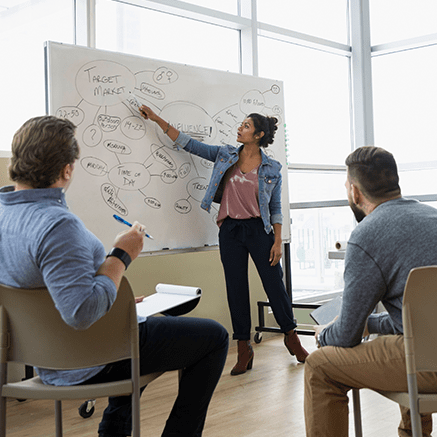 woman standing in front of whiteboard with team